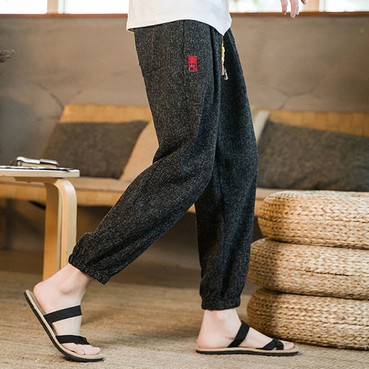 Pantalones harén de algodón con cordón y bolsillos para hombre con Buddha Stones