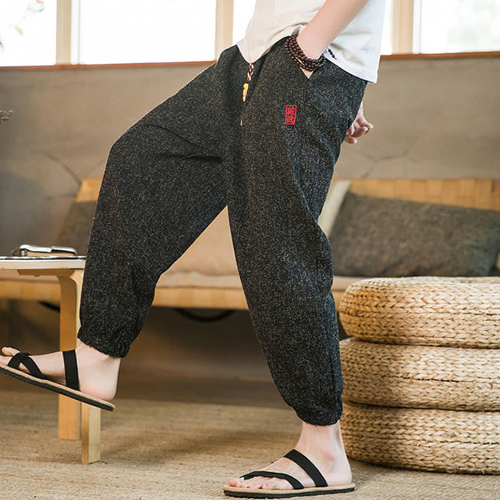 Pantalones harén de algodón con cordón y bolsillos para hombre con Buddha Stones