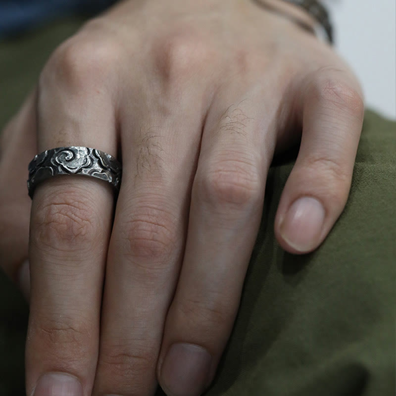 Anillo de protección ajustable con nubes auspiciosas de plata de ley 999 y Buddha Stones