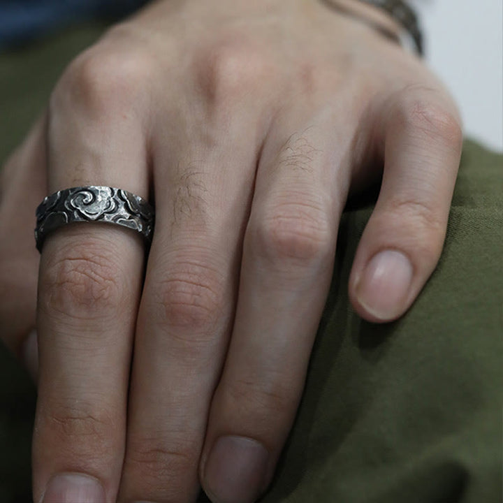 Anillo de protección ajustable con nubes auspiciosas de plata de ley 999 y Buddha Stones