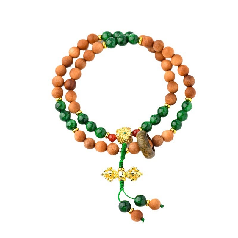 Pulsera de protección y curación con diseño de doble torsión de Dorje Vajra del Tíbet con cuentas de madera de sándalo y Buddha Stones