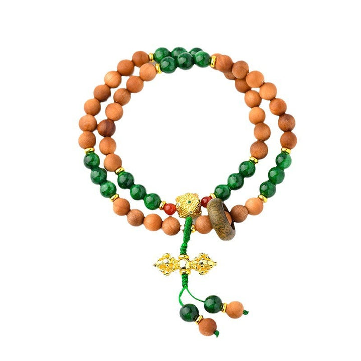 Pulsera de protección y curación con diseño de doble torsión de Dorje Vajra del Tíbet con cuentas de madera de sándalo y Buddha Stones