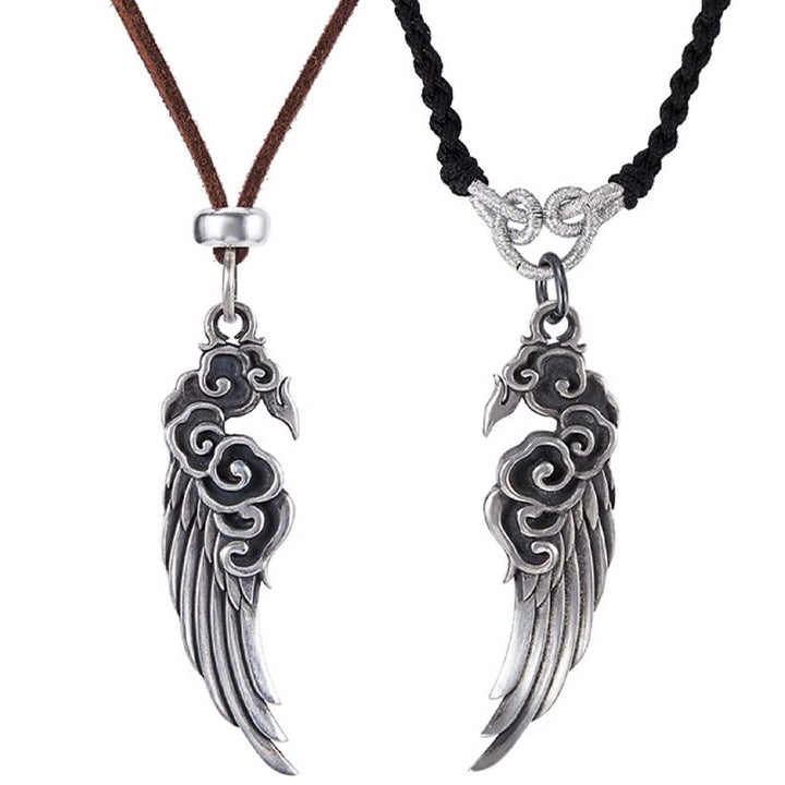 Collar con colgante de cuerda de piel de ciervo y algodón con alas de nubes auspiciosas y Buddha Stones en plata de ley 925