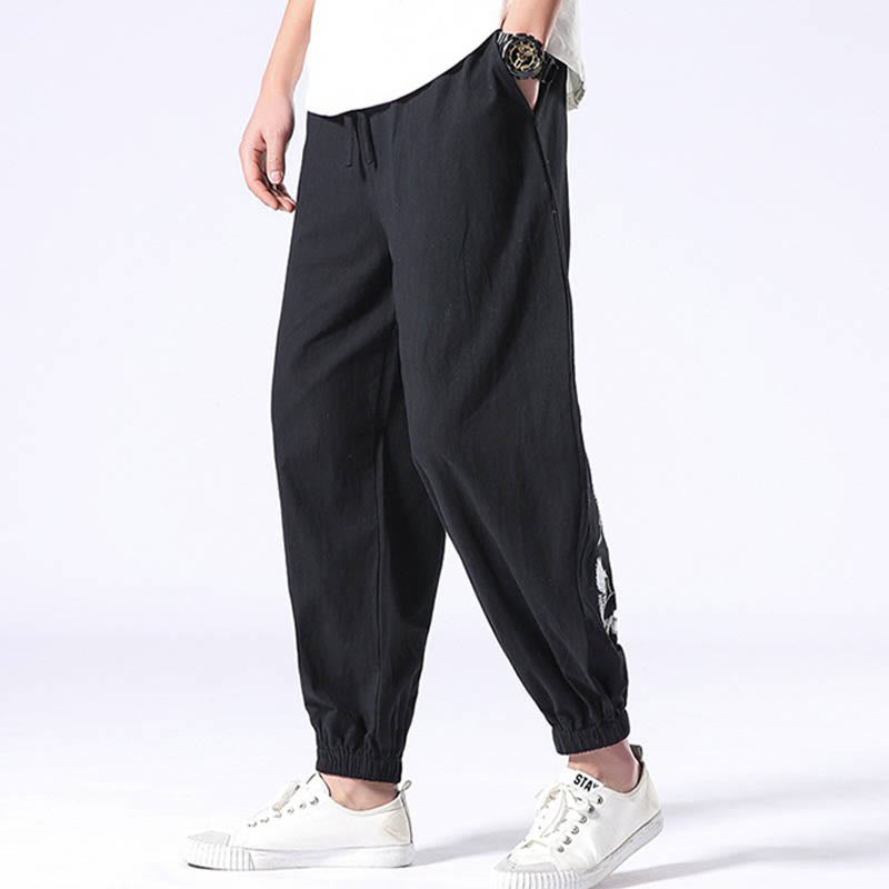 Pantalones harén con cordón y bolsillos para hombre con diseño bordado de grulla blanca y Buddha Stones - image 9