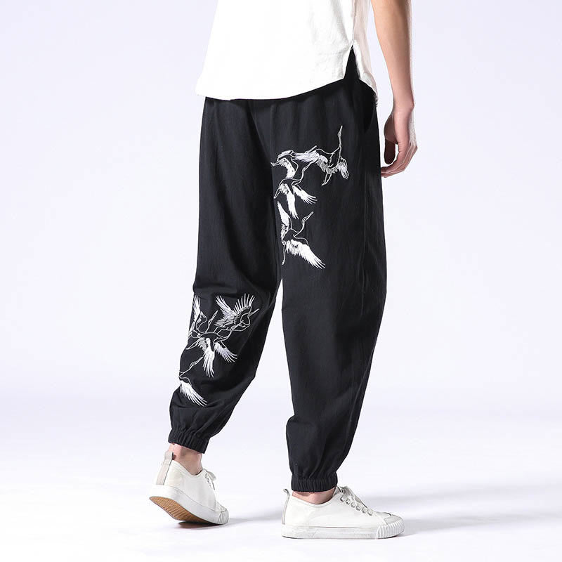 Pantalones harén con cordón y bolsillos para hombre con diseño bordado de grulla blanca y Buddha Stones - Negro - US/UK/AU42, EU52 (3XL) - image 6