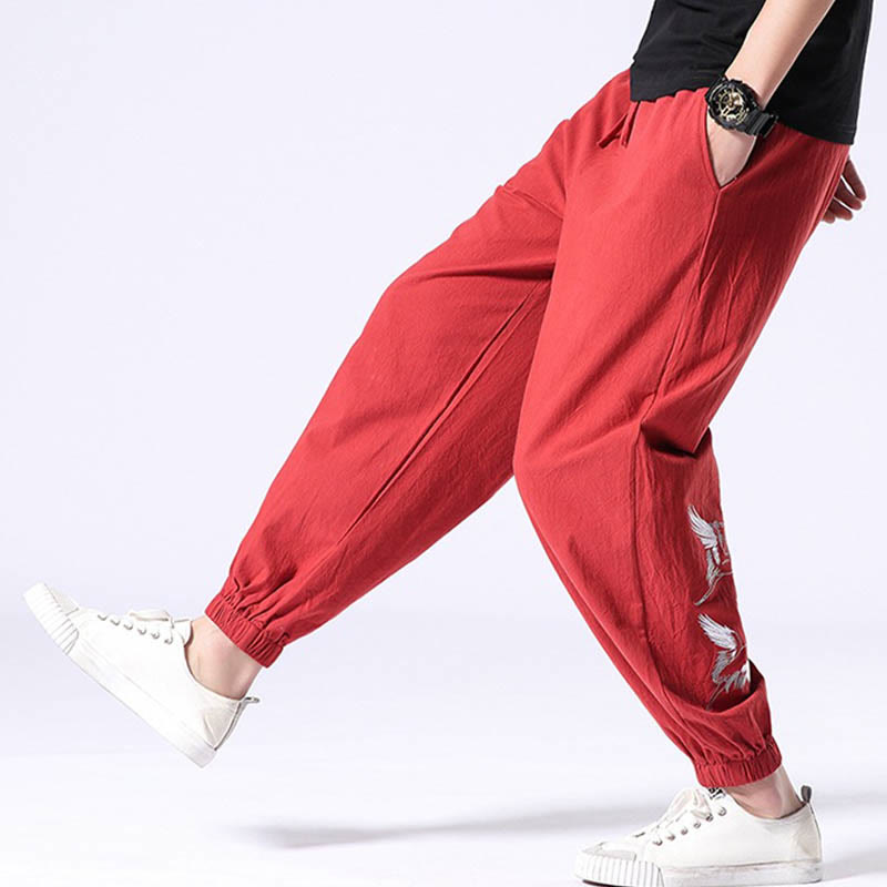 Pantalones harén con cordón y bolsillos para hombre con diseño bordado de grulla blanca y Buddha Stones - image 17