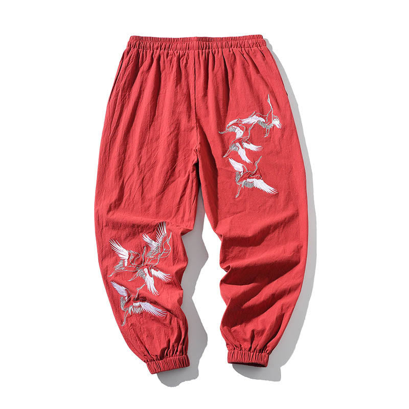 Pantalones harén con cordón y bolsillos para hombre con diseño bordado de grulla blanca y Buddha Stones - image 18
