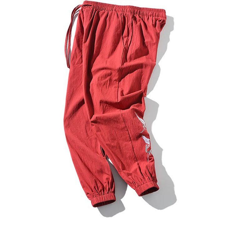 Pantalones harén con cordón y bolsillos para hombre con diseño bordado de grulla blanca y Buddha Stones - image 20