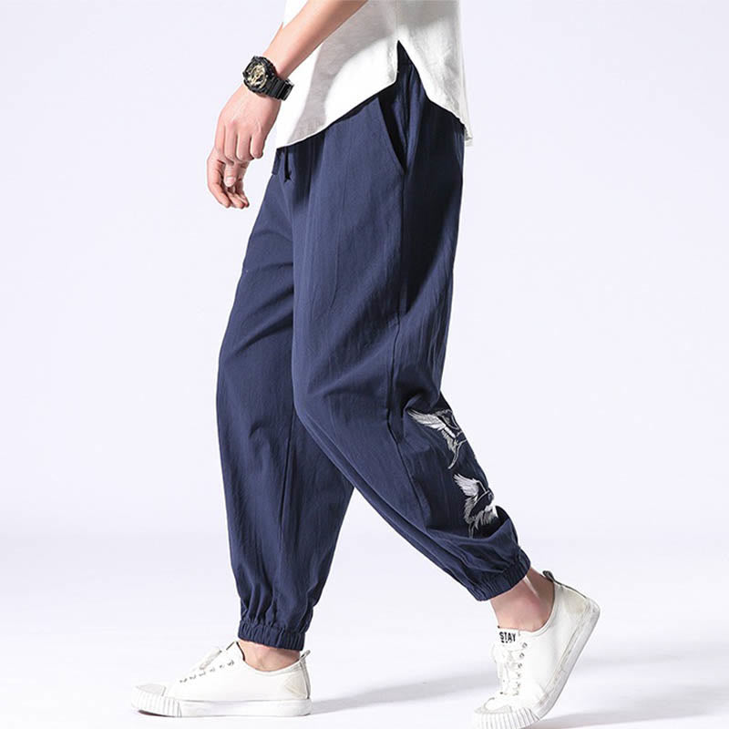 Pantalones harén con cordón y bolsillos para hombre con diseño bordado de grulla blanca y Buddha Stones - image 24
