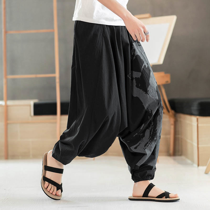 Pantalones harén de algodón con bolsillos para hombre, con caligrafía veraniega y Buddha Stones - image 1