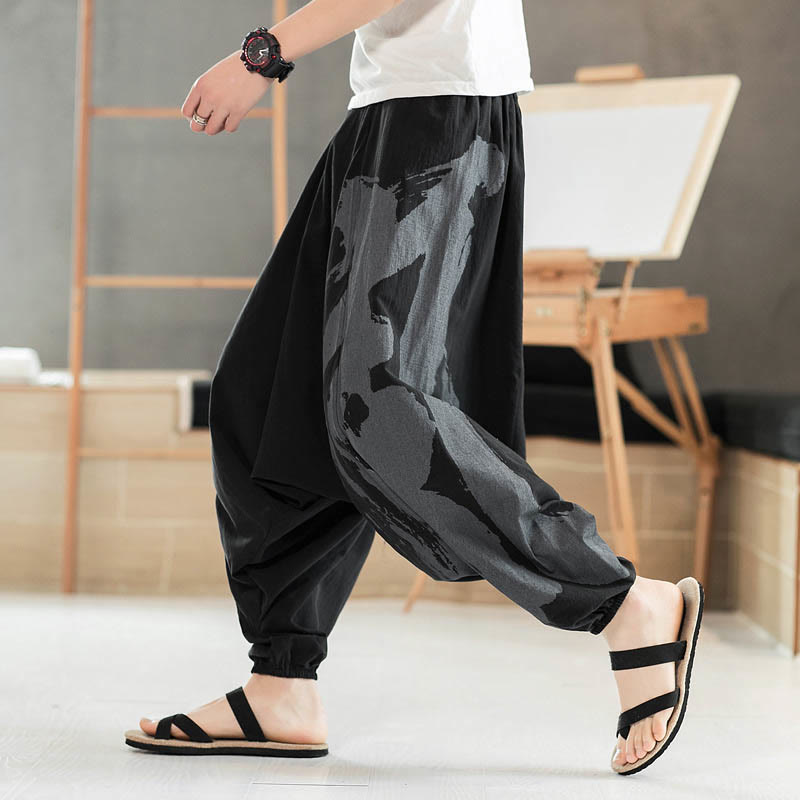 Pantalones harén de algodón con bolsillos para hombre, con caligrafía veraniega y Buddha Stones - Negro - US/UK/AU46, EU56 (5XL) - image 0