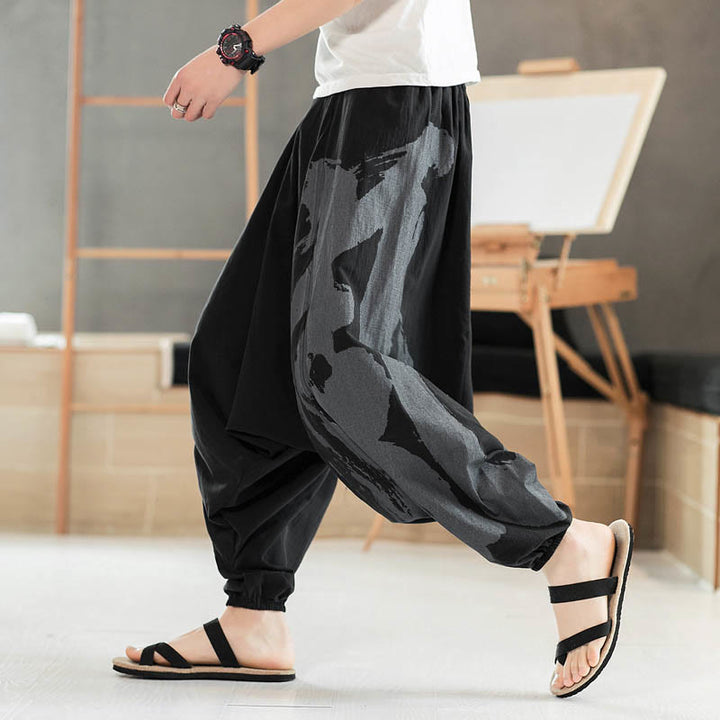 Pantalones harén de algodón con bolsillos para hombre, con caligrafía veraniega y Buddha Stones - Negro - US/UK/AU46, EU56 (5XL) - image 0