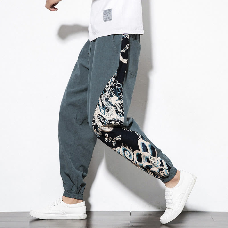 Pantalones de algodón con bolsillos para hombre con ondas de dragón de verano y Buddha Stones - Azul polvoriento - US/UK/AU46, EU56 (5XL)  - image 1