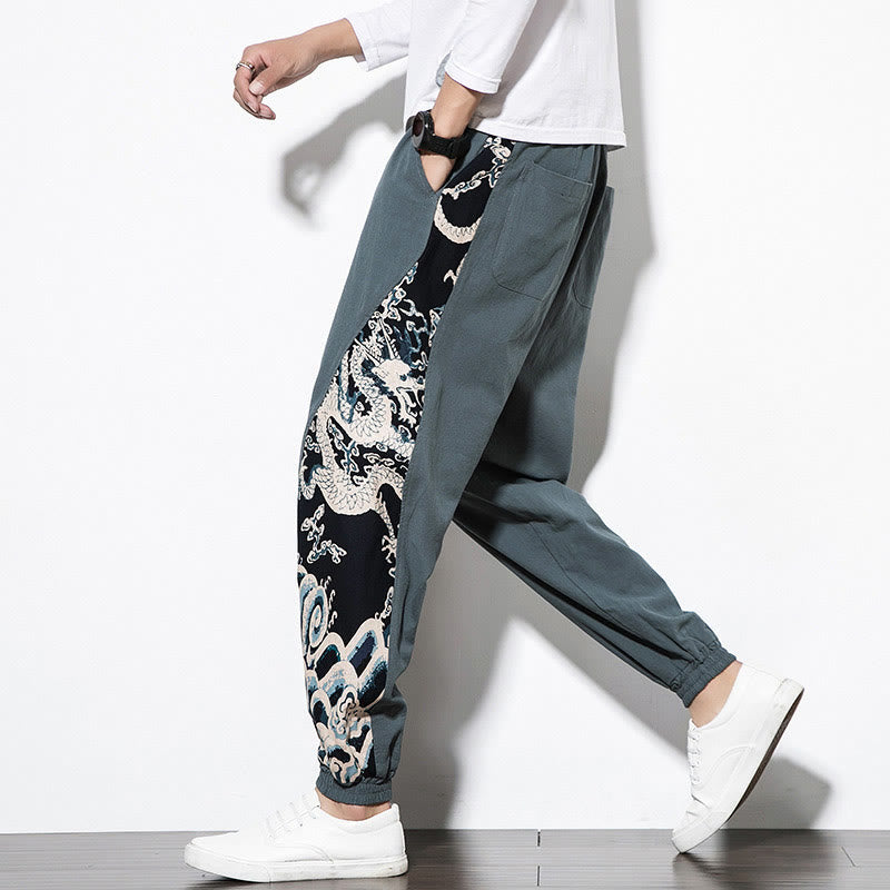 Pantalones de algodón con bolsillos para hombre con ondas de dragón de verano y Buddha Stones - image 6