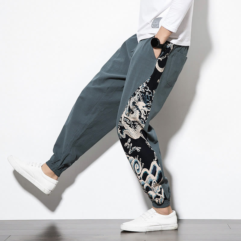 Pantalones de algodón con bolsillos para hombre con ondas de dragón de verano y Buddha Stones - image 8