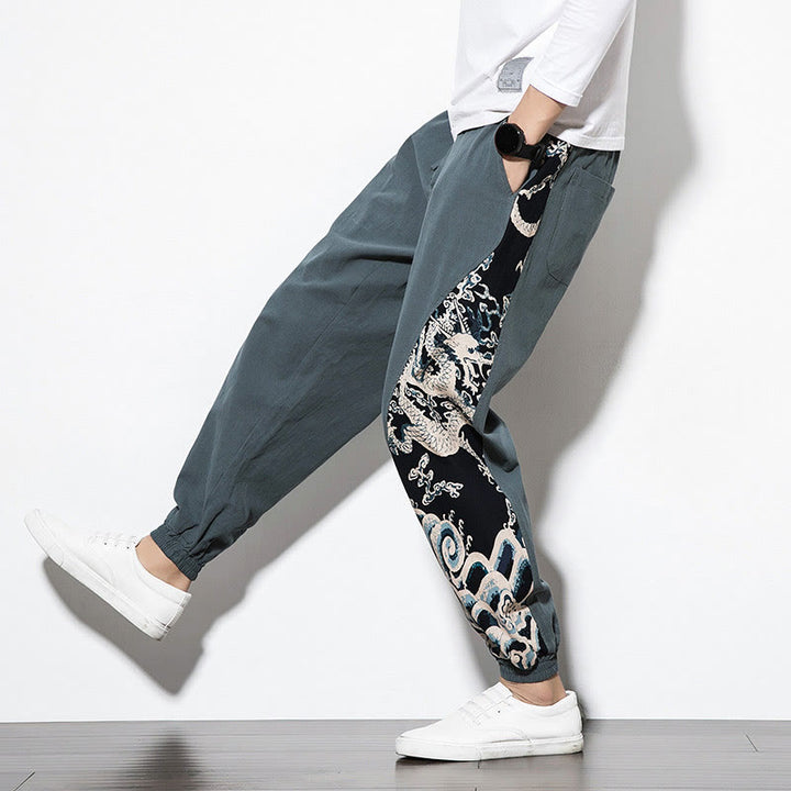 Pantalones de algodón con bolsillos para hombre con ondas de dragón de verano y Buddha Stones - image 8