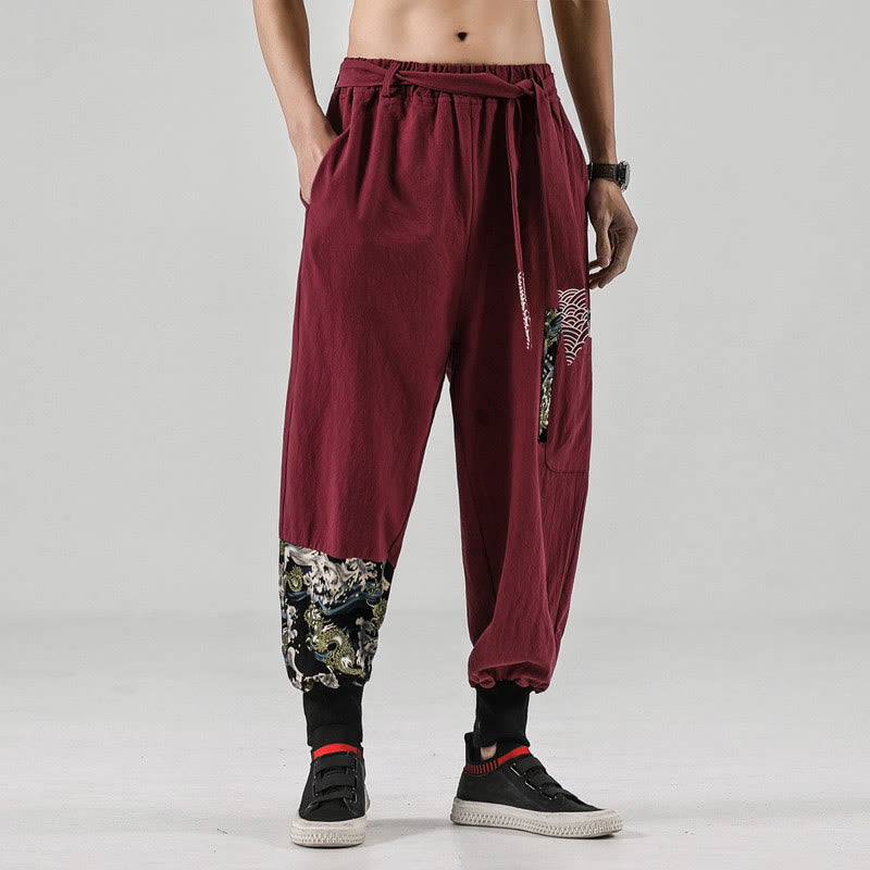 Pantalones harén de algodón con cordones y bolsillos para hombre con estampado de olas del océano y Buddha Stones - Rojo indio - US/UK/AU46, EU56 (5XL)  - image 14