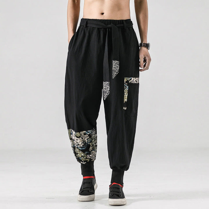 Pantalones harén de algodón con cordones y bolsillos para hombre con estampado de olas del océano y Buddha Stones - image 9