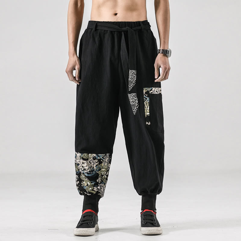Pantalones harem para hombre con cordones y bolsillos, estampado de Buddha Stones y olas del océano. - Negro - US/UK/AU46, EU56 (5XL)  - image 0