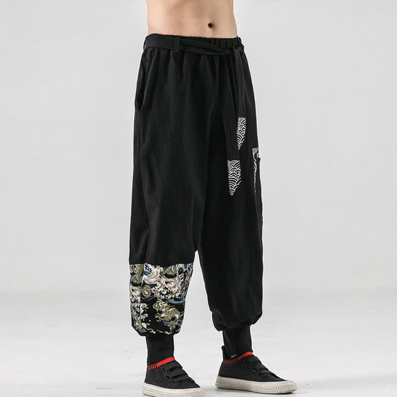 Pantalones harem para hombre con cordones y bolsillos, estampado de Buddha Stones y olas del océano. - image 1