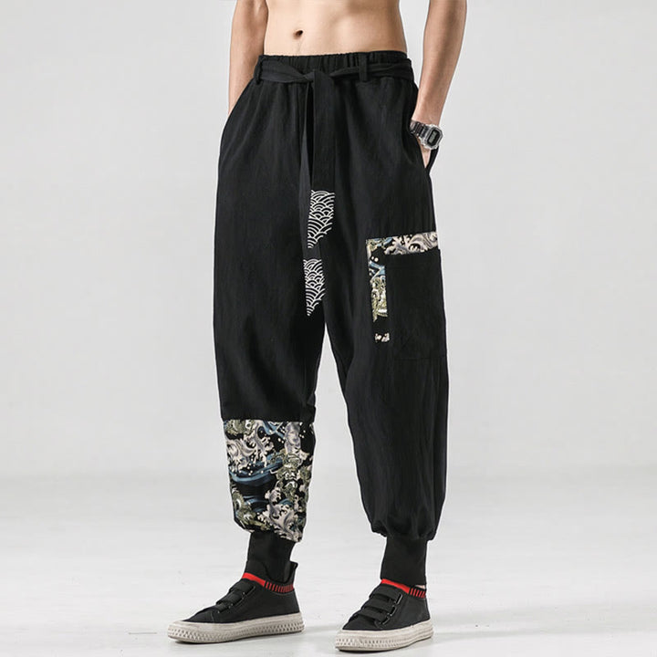 Pantalones harem para hombre con cordones y bolsillos, estampado de Buddha Stones y olas del océano. - image 3