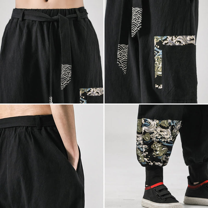 Pantalones harem para hombre con cordones y bolsillos, estampado de Buddha Stones y olas del océano. - image 4