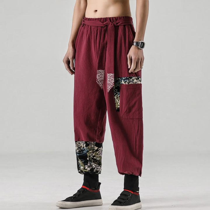 Pantalones harén de algodón con cordones y bolsillos para hombre con estampado de olas del océano y Buddha Stones - image 21