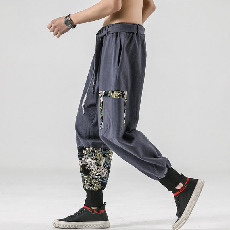 Pantalones harén de algodón con cordones y bolsillos para hombre con estampado de olas del océano y Buddha Stones - image 26