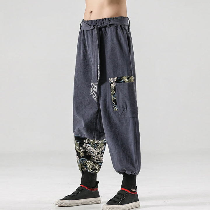 Pantalones harén de algodón con cordones y bolsillos para hombre con estampado de olas del océano y Buddha Stones - image 27