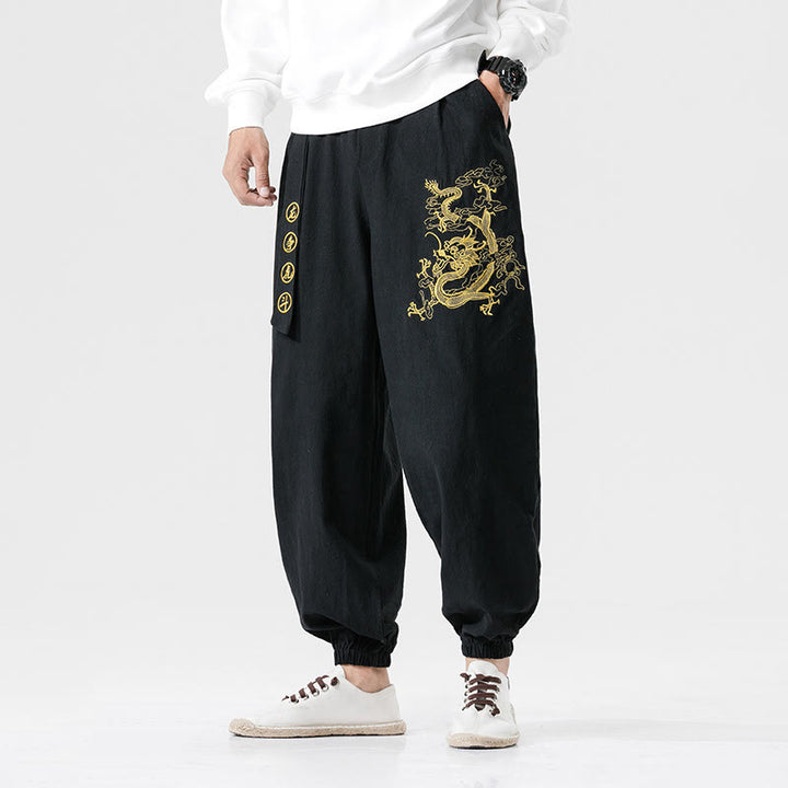 Pantalones de algodón para hombre con bolsillos y Buddha Stones, nubes auspiciosas y dragón - Negro - US/UK/AU46, EU56 (5XL) - image 1