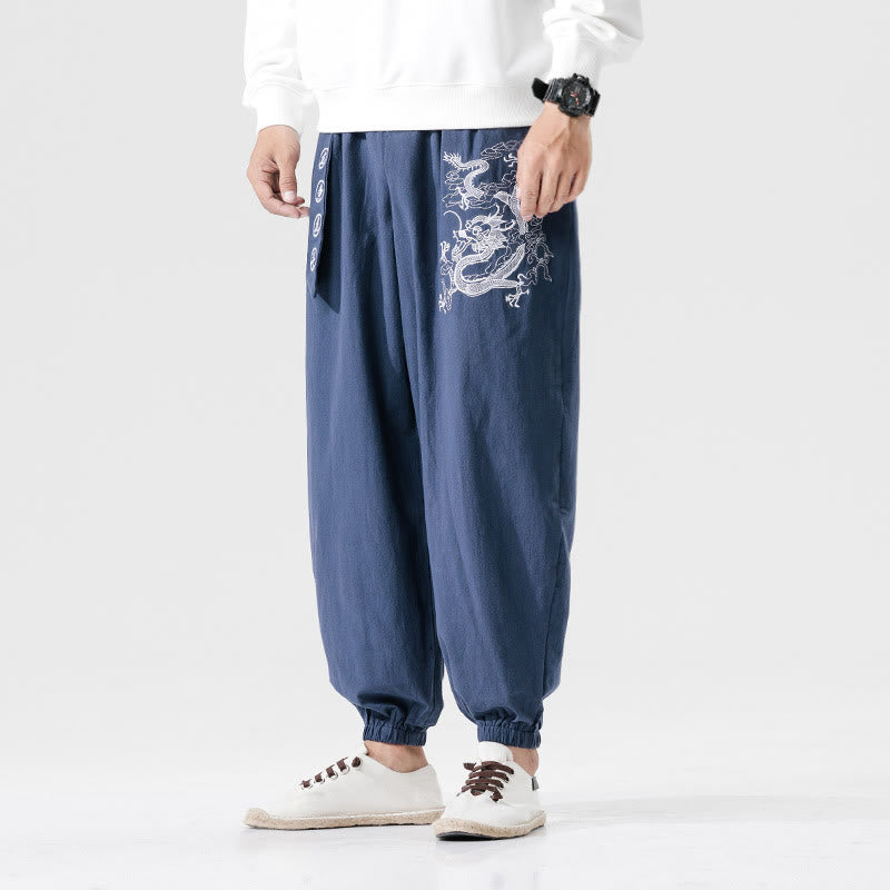 Pantalones de algodón para hombre con bolsillos y Buddha Stones, nubes auspiciosas y dragón - Azul acero - US/UK/AU46, EU56 (5XL) - image 8