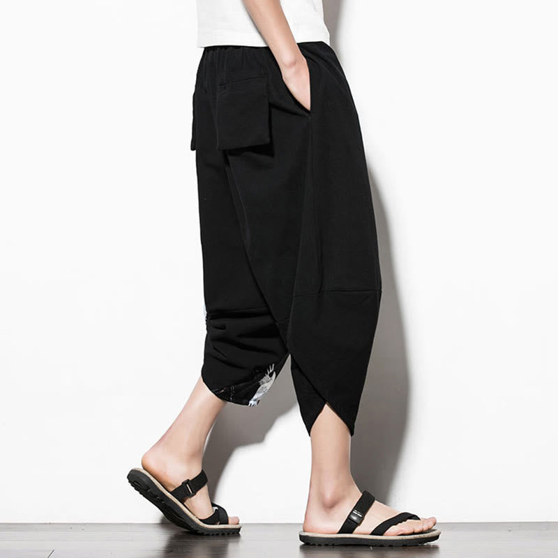 Pantalones harén cortos de algodón con estampado de grullas blancas y Buddha Stones para hombre con bolsillos - image 3