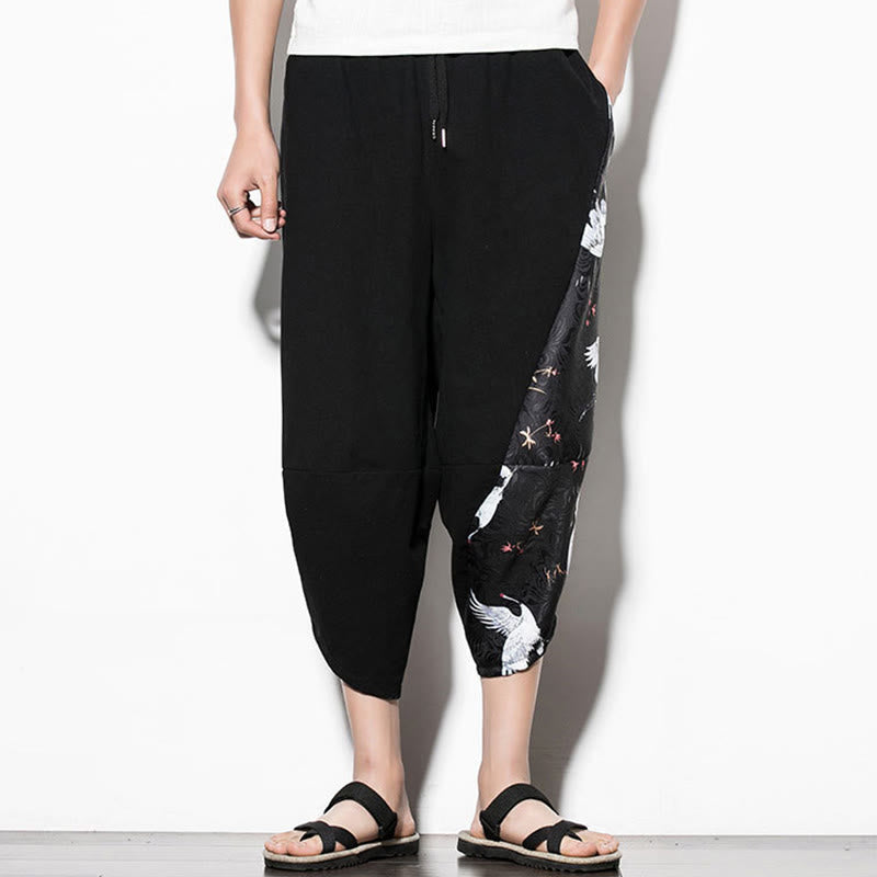 Pantalones harén cortos de algodón con estampado de grullas blancas y Buddha Stones para hombre con bolsillos - image 2