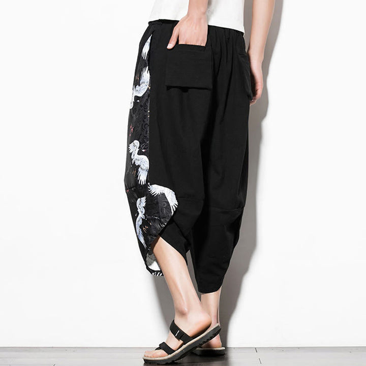 Pantalones harén cortos de algodón con estampado de grullas blancas y Buddha Stones para hombre con bolsillos - image 5
