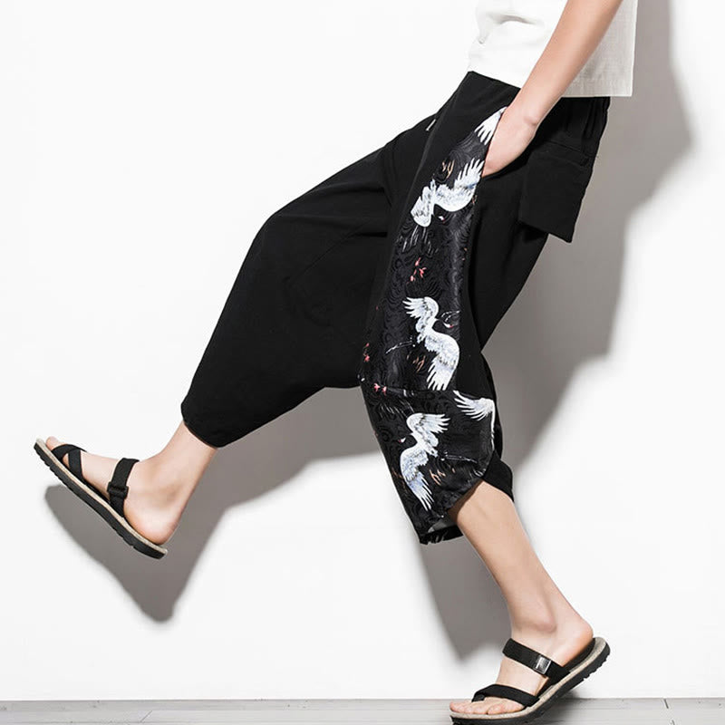 Pantalones harén cortos de algodón con estampado de grullas blancas y Buddha Stones para hombre con bolsillos - image 8