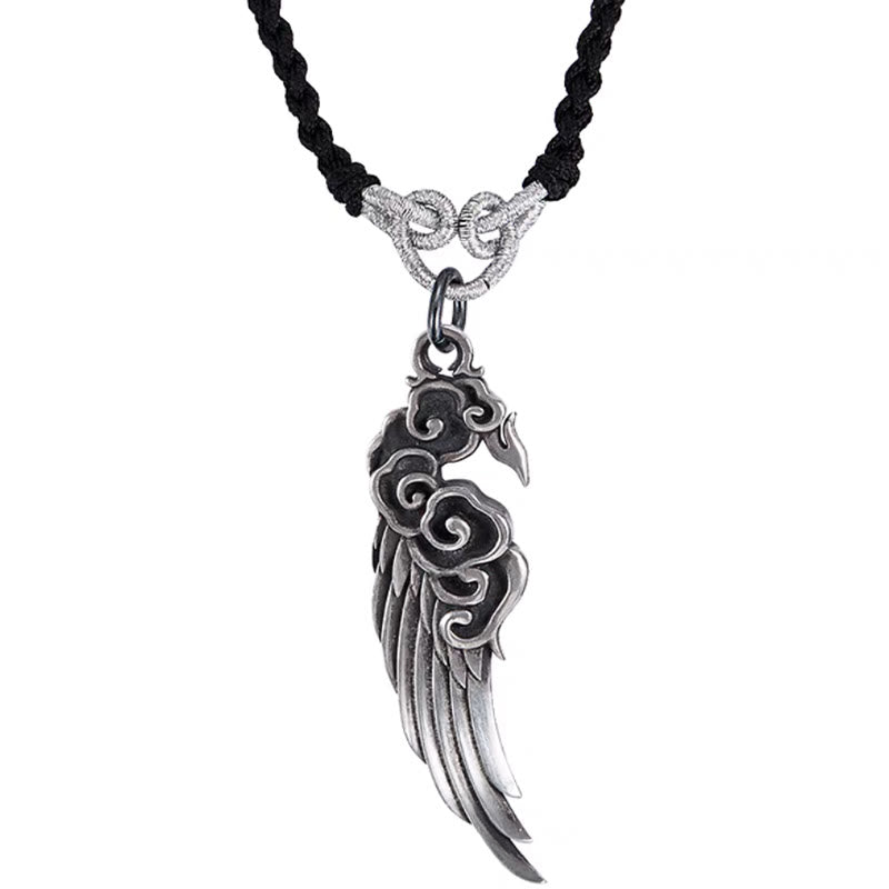 Collar con colgante de cuerda de piel de ciervo y algodón con alas de nubes auspiciosas y Buddha Stones en plata de ley 925