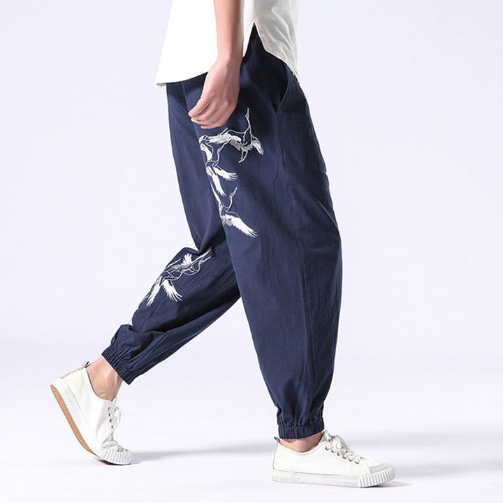 Pantalones harén con cordón y bolsillos para hombre con diseño bordado de grulla blanca y Buddha Stones - image 27