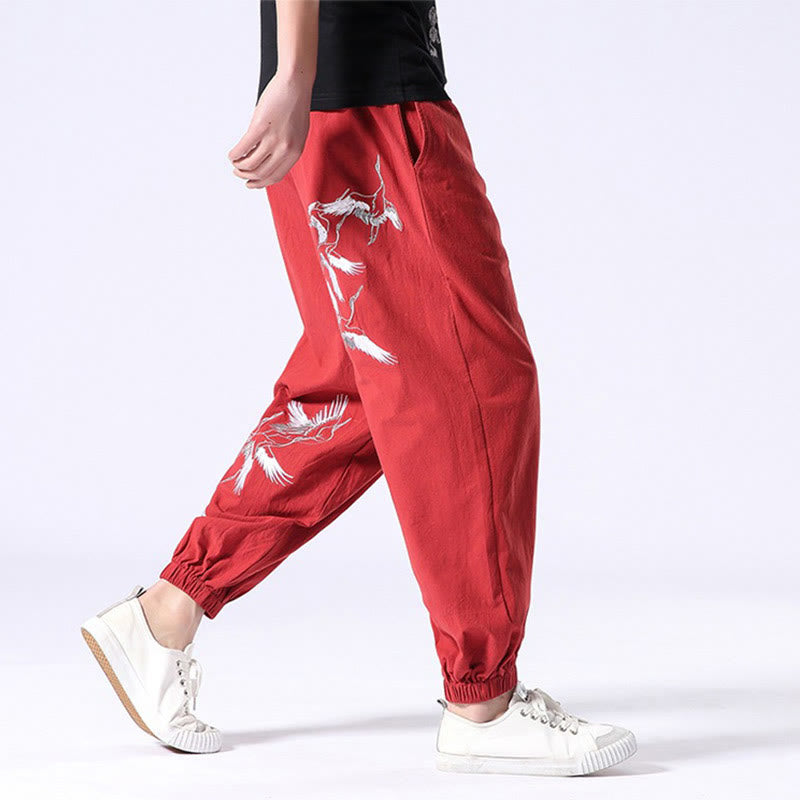 Pantalones harén con cordón y bolsillos para hombre con diseño bordado de grulla blanca y Buddha Stones - image 15