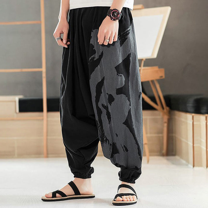 Pantalones harén de algodón con bolsillos para hombre, con caligrafía veraniega y Buddha Stones - image 3