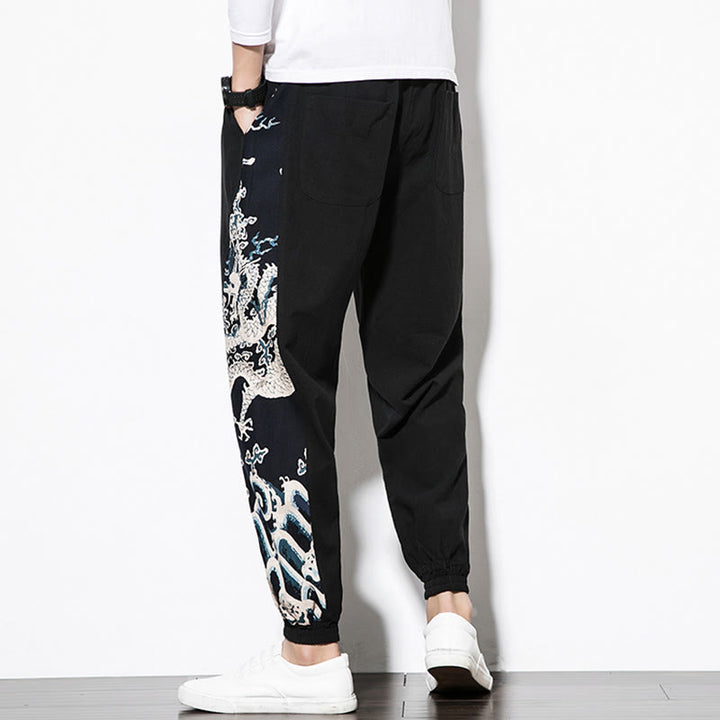 Pantalones de algodón con bolsillos para hombre con ondas de dragón de verano y Buddha Stones - image 11