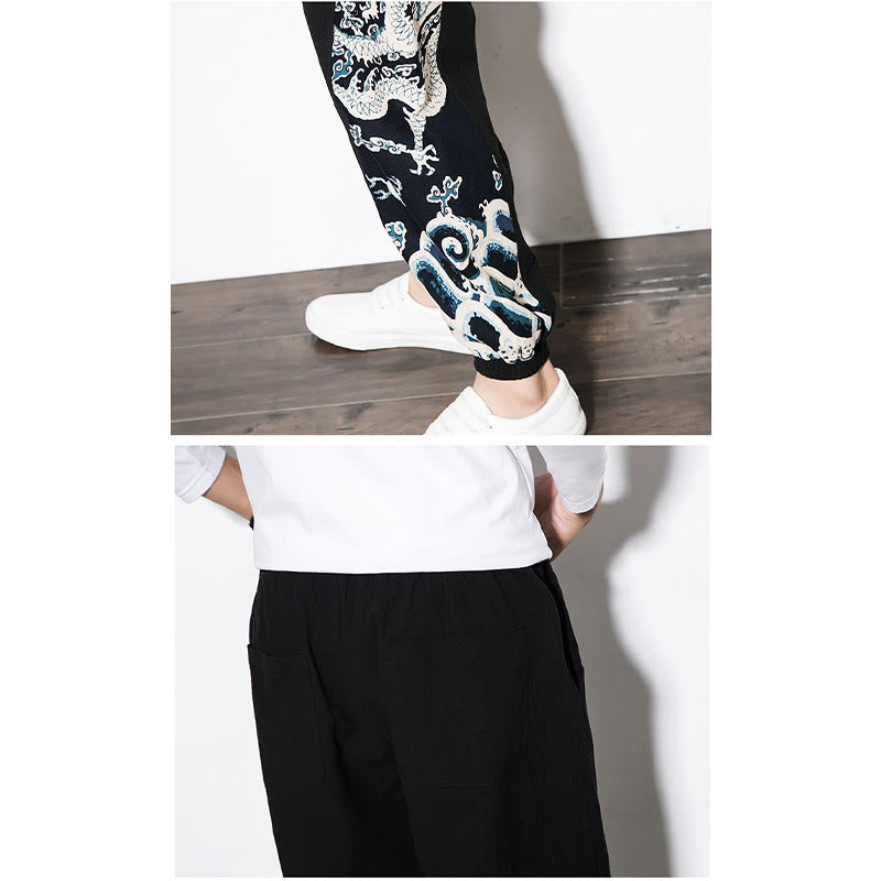 Pantalones de algodón con bolsillos para hombre con ondas de dragón de verano y Buddha Stones - image 19