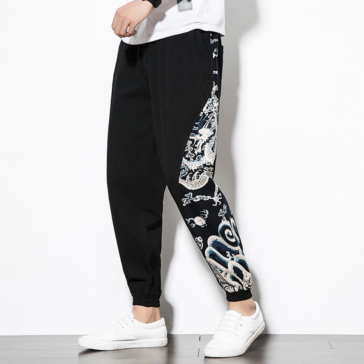 Pantalones de algodón con bolsillos para hombre con ondas de dragón de verano y Buddha Stones - image 14