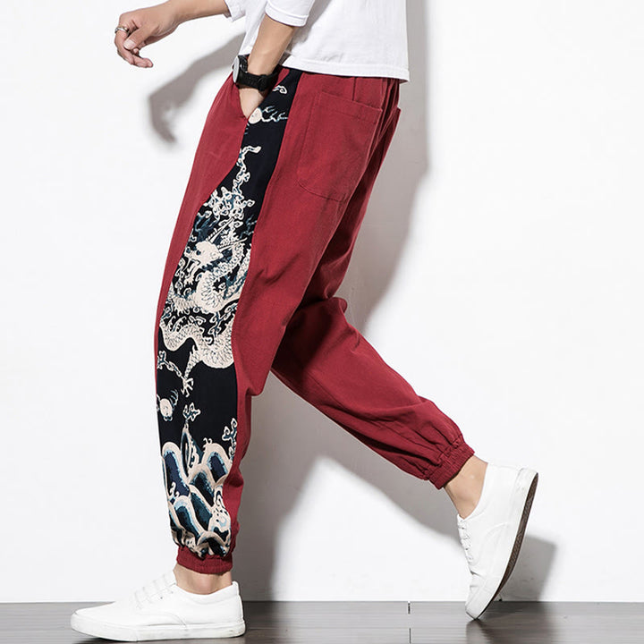 Pantalones de algodón con bolsillos para hombre con ondas de dragón de verano y Buddha Stones - image 23