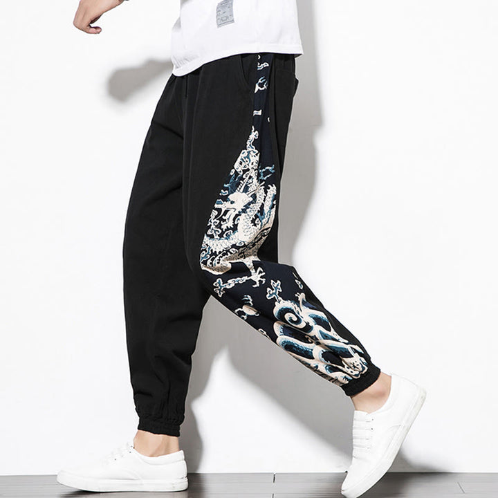 Pantalones de algodón con bolsillos para hombre con ondas de dragón de verano y Buddha Stones - image 12