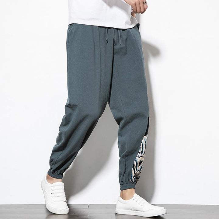 Pantalones de algodón con bolsillos para hombre con ondas de dragón de verano y Buddha Stones - image 4