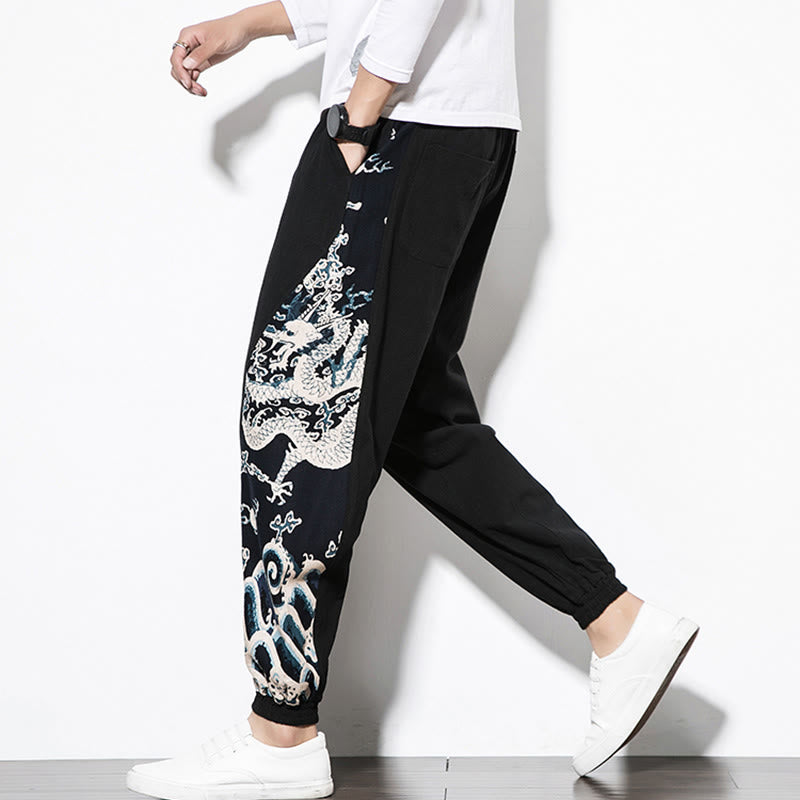 Pantalones de algodón con bolsillos para hombre con ondas de dragón de verano y Buddha Stones - image 14