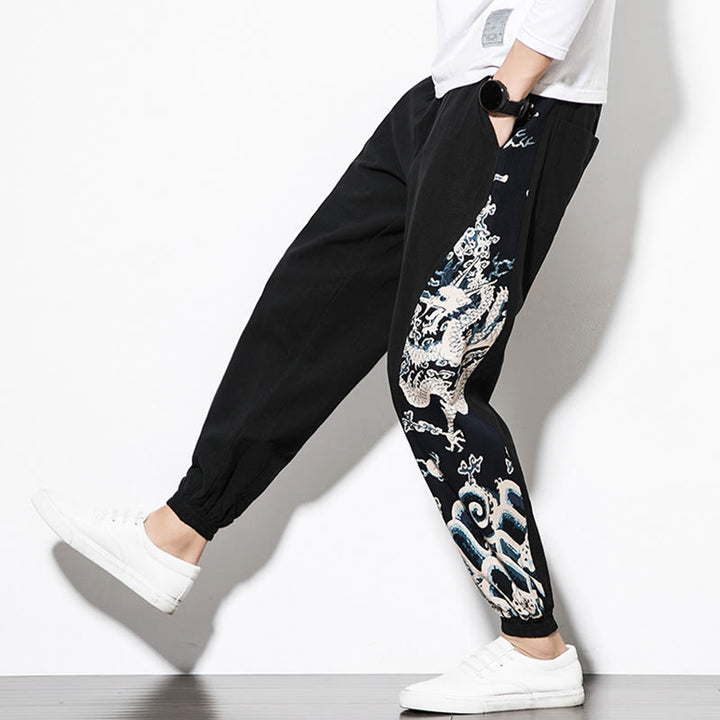 Pantalones de algodón con bolsillos para hombre con ondas de dragón de verano y Buddha Stones - image 17