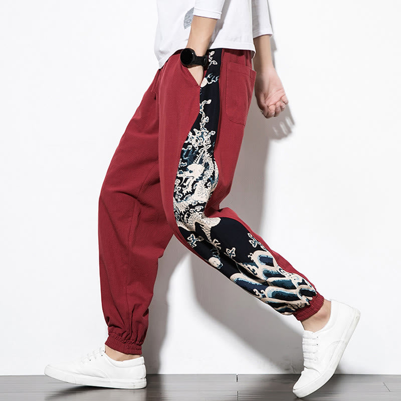 Pantalones de algodón con bolsillos para hombre con ondas de dragón de verano y Buddha Stones - image 26