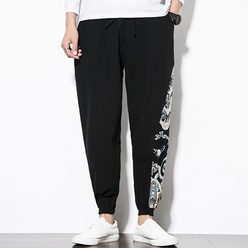 Pantalones de algodón con bolsillos para hombre con ondas de dragón de verano y Buddha Stones - image 9