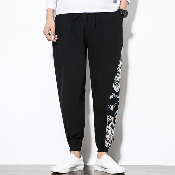Pantalones de algodón con bolsillos para hombre con ondas de dragón de verano y Buddha Stones - image 9